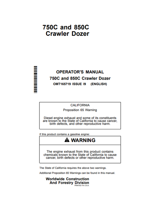 JOHN DEERE 750C AND 850C CRAWLER DOZER OPERATOR MANUAL OMT165719