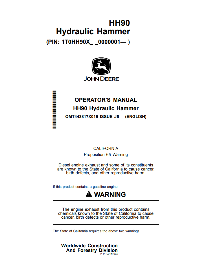JOHN DEERE HH90 HYDRAULIC HAMMER OPERATOR MANUAL OMT443817X019