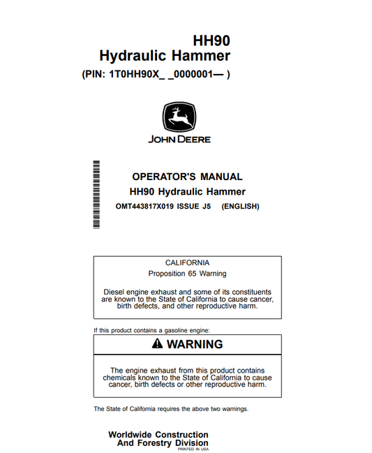 JOHN DEERE HH90 HYDRAULIC HAMMER OPERATOR MANUAL OMT443817X019
