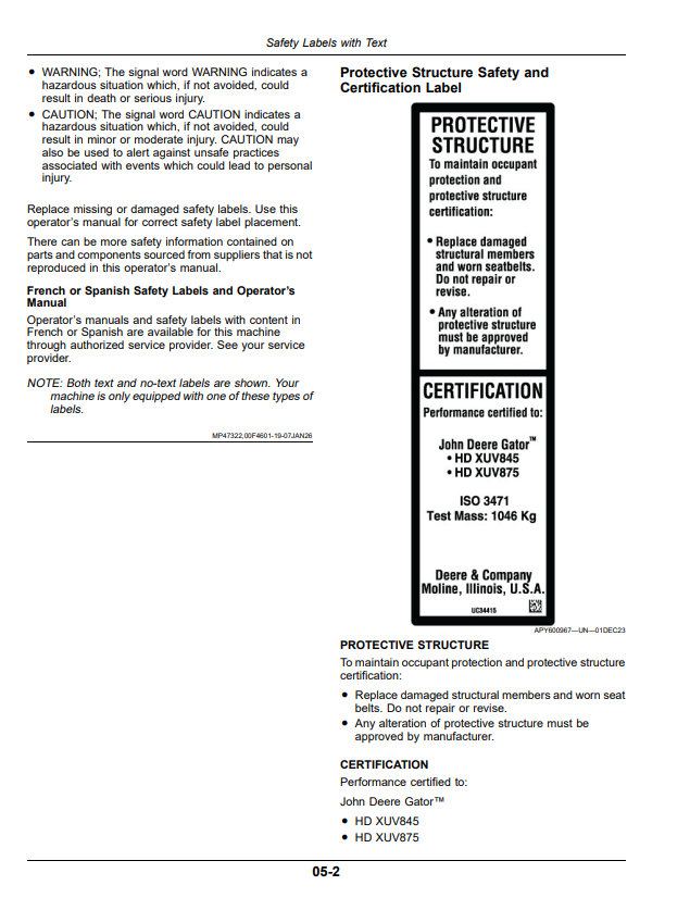 JOHN DEERE XUV 875M, XUV 875R GATOR™ UTILITY VEHICLES OPERATOR MANUAL OMUC42219