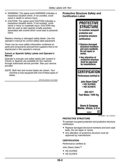 JOHN DEERE XUV 875M, XUV 875R GATOR™ UTILITY VEHICLES OPERATOR MANUAL OMUC42219