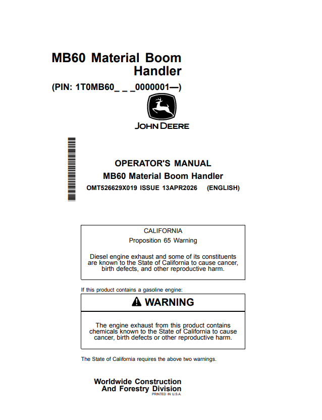 JOHN DEERE MB60 MATERIAL BOOM HANDLER OPERATOR MANUAL OMT526629X019