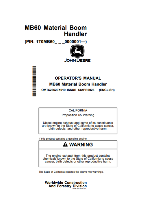 JOHN DEERE MB60 MATERIAL BOOM HANDLER OPERATOR MANUAL OMT526629X019