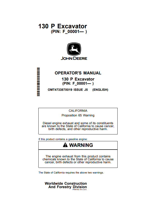 JOHN DEERE 130 P EXCAVATOR OPERATOR MANUAL OMT473387X019