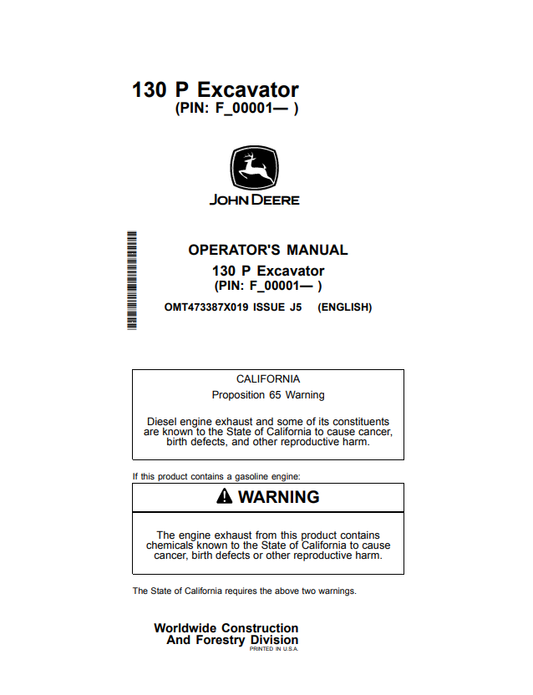 JOHN DEERE 130 P EXCAVATOR OPERATOR MANUAL OMT473387X019