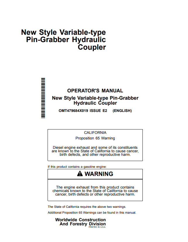 JOHN DEERE 75G NEW STYLE VARIABLE-TYPE PIN-GRABBER HYDRAULIC COUPLER OPERATOR MANUAL OMT479684X019