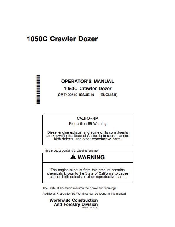 JOHN DEERE 1050C CRAWLER DOZER OPERATOR MANUAL OMT190710