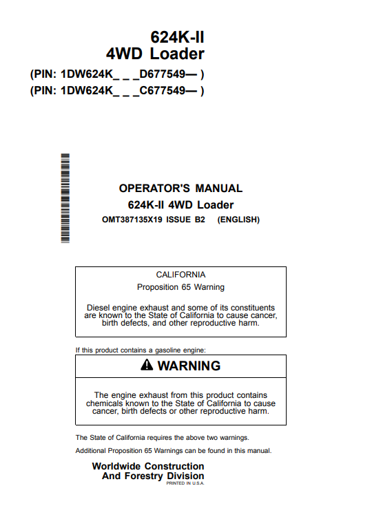 JOHN DEERE 624K-II 4WD LOADER OPERATOR MANUAL OMT387135X19