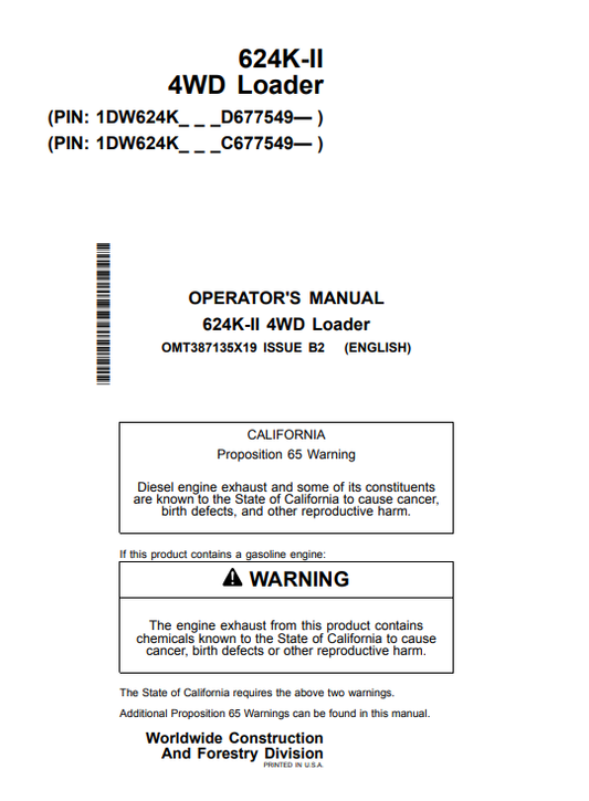 JOHN DEERE 624K-II 4WD LOADER OPERATOR MANUAL OMT387135X19