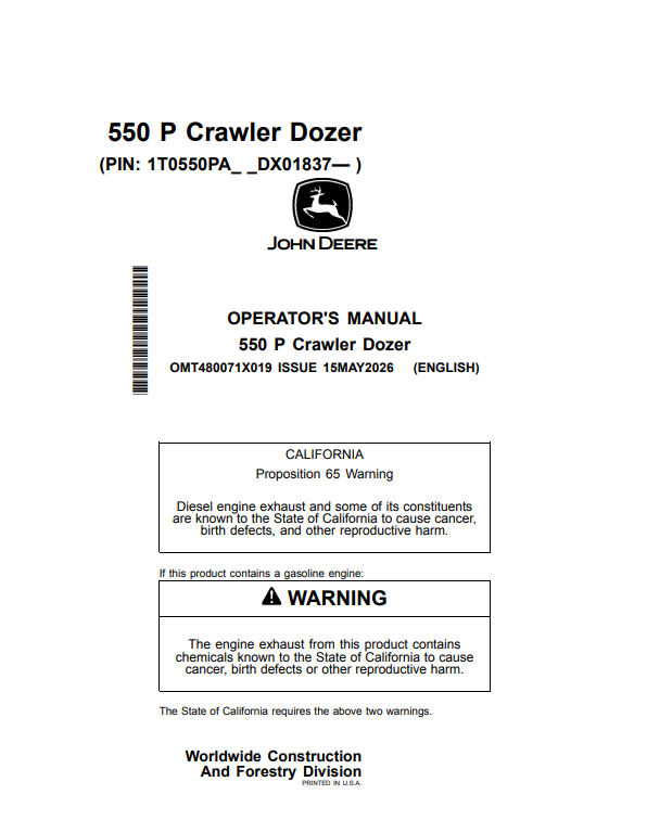 JOHN DEERE 550 P CRAWLER DOZER OPERATOR MANUAL OMT480071X019
