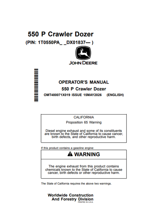 JOHN DEERE 550 P CRAWLER DOZER OPERATOR MANUAL OMT480071X019