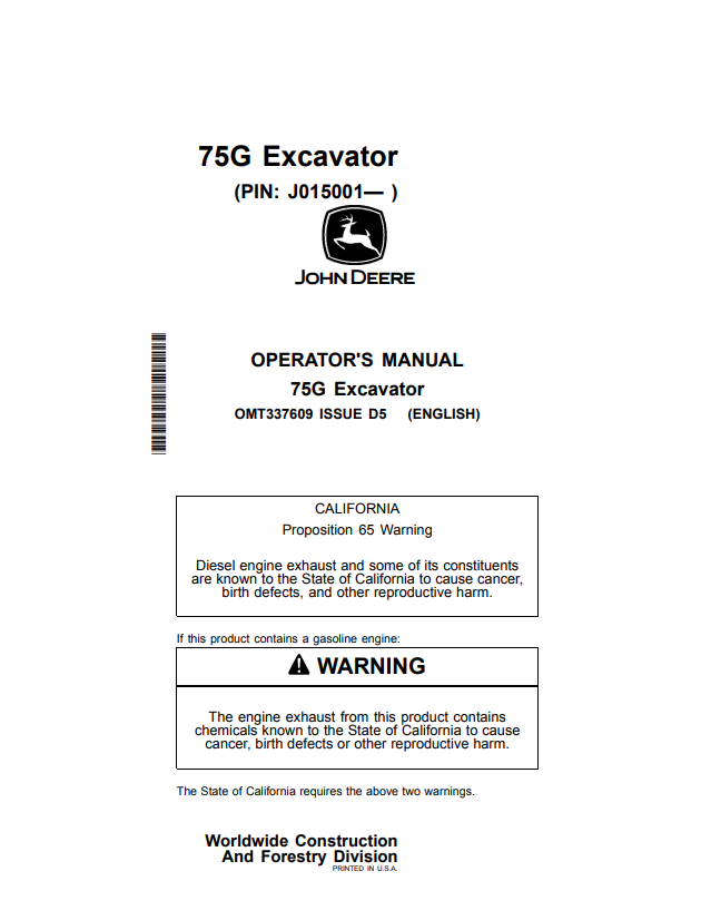 JOHN DEERE 75G EXCAVATOR OPERATOR MANUAL OMT337609