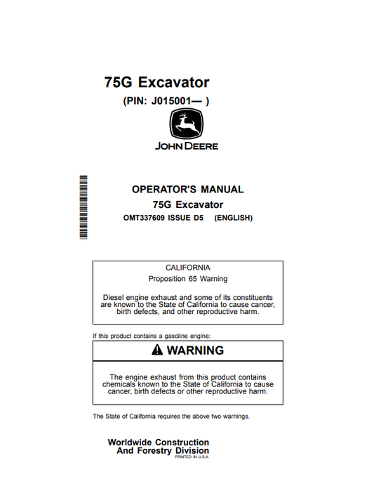 JOHN DEERE 75G EXCAVATOR OPERATOR MANUAL OMT337609