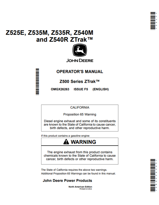 JOHN DEERE Z525E, Z535M, Z535R, Z540M AND Z540R Z500 SERIES ZTRAK™ OPERATOR MANUAL OMGX26263