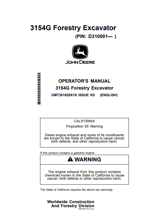 JOHN DEERE 3154G FORESTRY EXCAVATOR OPERATOR MANUAL OMT351628X19