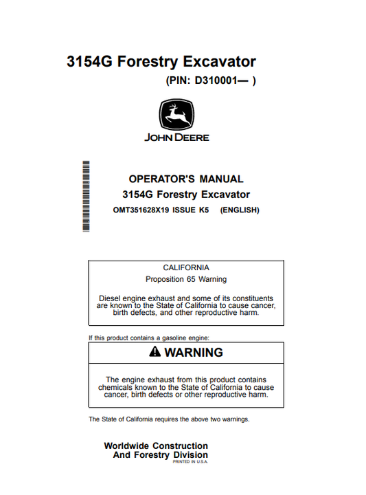 JOHN DEERE 3154G FORESTRY EXCAVATOR OPERATOR MANUAL OMT351628X19