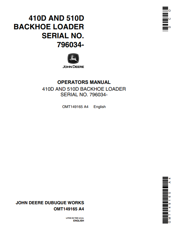 JOHN DEERE 410D AND 510D BACKHOE LOADER OPERATOR MANUAL OMT149165