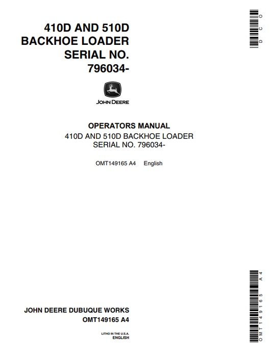 JOHN DEERE 410D AND 510D BACKHOE LOADER OPERATOR MANUAL OMT149165