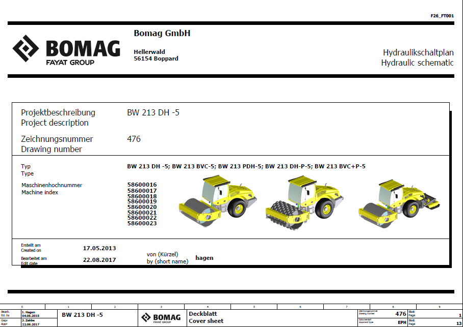 BOMAG BW 213 BVC-P-5 SINGLE DRUM VIBRATORY ROLLER ELECTRIC, HYDRAULIC SCHEMATIC DIAGRAM MANUAL 101587541001 - 101587549999