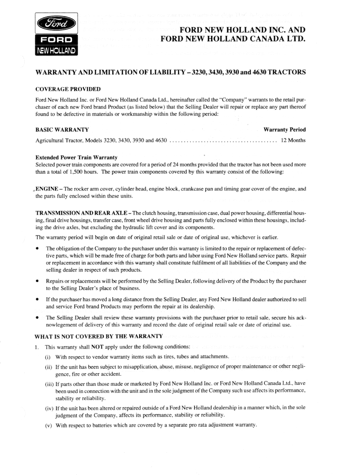 NEW HOLLAND FORD 3230, 3430, 3930, 4630 TRACTOR OPERATOR MANUAL 42323040 PDF