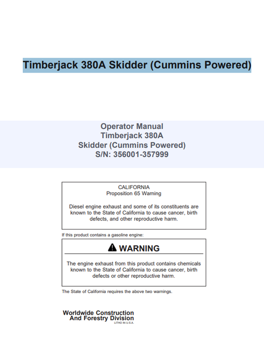 JOHN DEERE TIMBERJACK 380A SKIDDER (CUMMINS POWERED) OPERATOR MANUAL 8044811