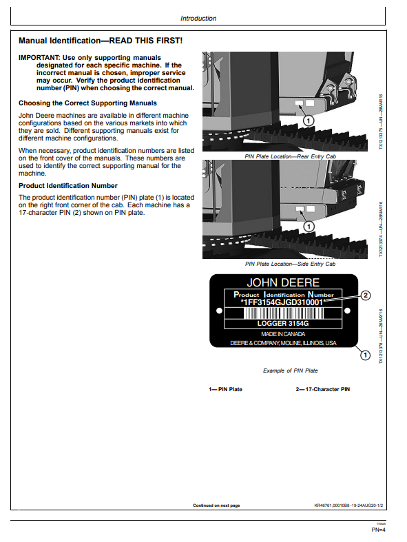 JOHN DEERE 3154G FORESTRY EXCAVATOR OPERATOR MANUAL OMT351628X19