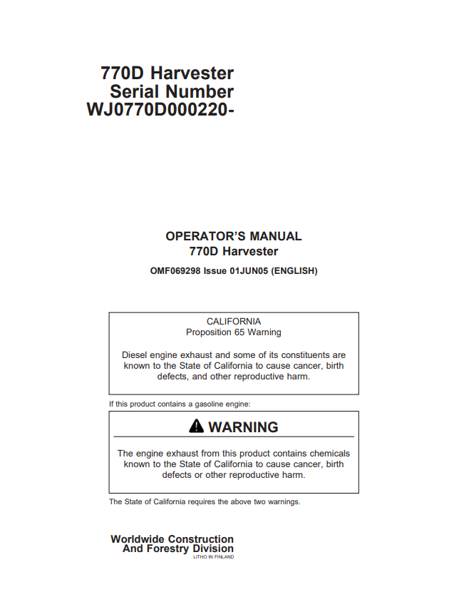 JOHN DEERE 770D HARVESTER OPERATOR MANUAL OMF069298