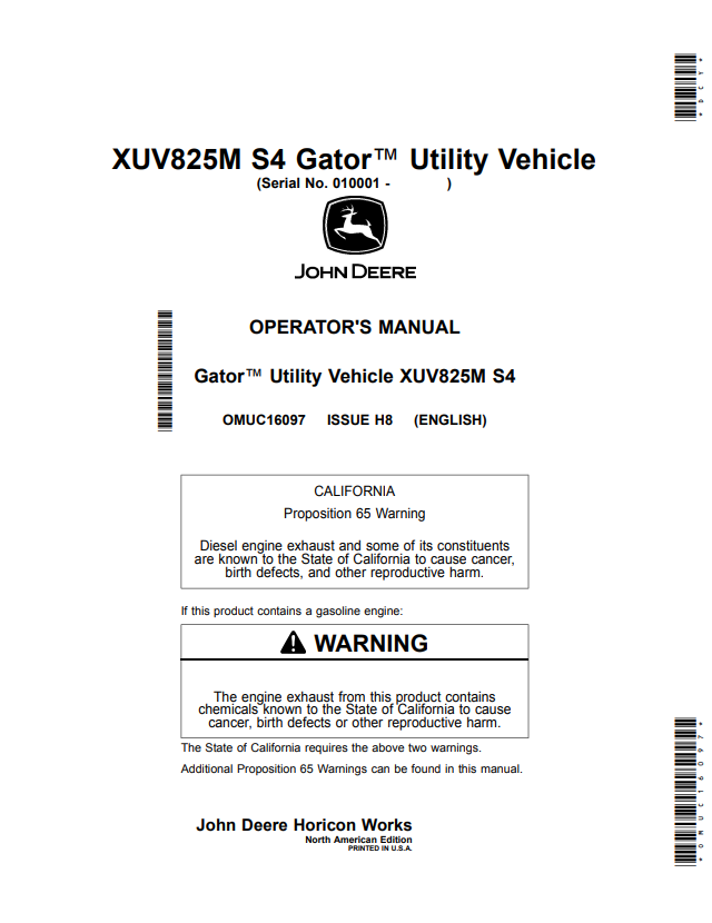 JOHN DEERE XUV825M S4 GATOR™ UTILITY VEHICLE OPERATOR MANUAL OMUC16097