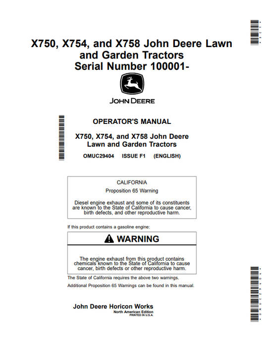 JOHN DEERE X750, X754, AND X758 LAWN AND GARDEN TRACTOR OPERATOR MANUAL OMUC29404