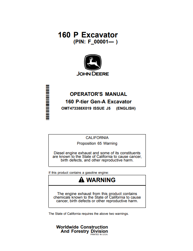JOHN DEERE 160 P-TIER GEN-A EXCAVATOR OPERATOR MANUAL OMT473388X019