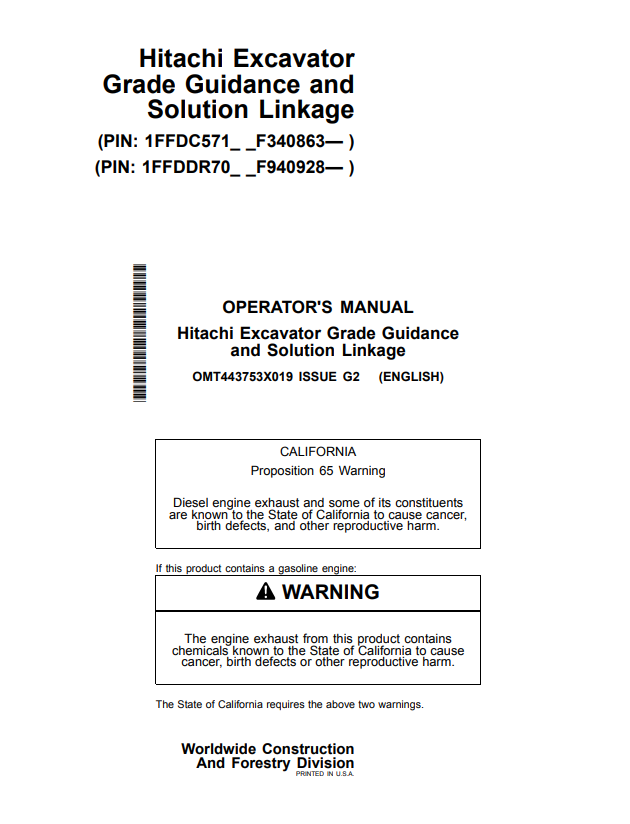 HITACHI ZAXIS210-6N, 350LC-6N, 210LC-6N EXCAVATOR GRADE GUIDANCE AND SOLUTION LINKAGE OPERATOR MANUAL OMT443753X019