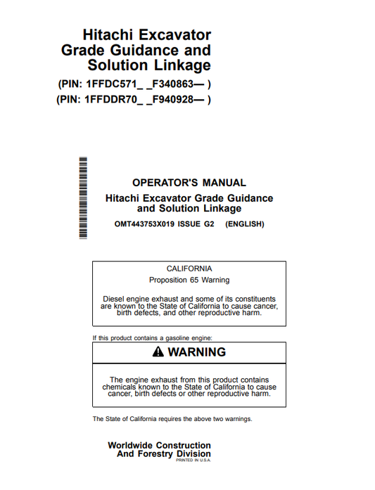HITACHI ZAXIS210-6N, 350LC-6N, 210LC-6N EXCAVATOR GRADE GUIDANCE AND SOLUTION LINKAGE OPERATOR MANUAL OMT443753X019