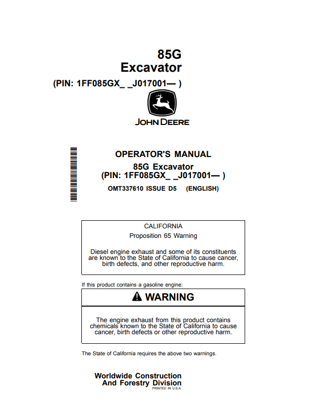 JOHN DEERE 85G EXCAVATOR OPERATOR MANUAL OMT337610