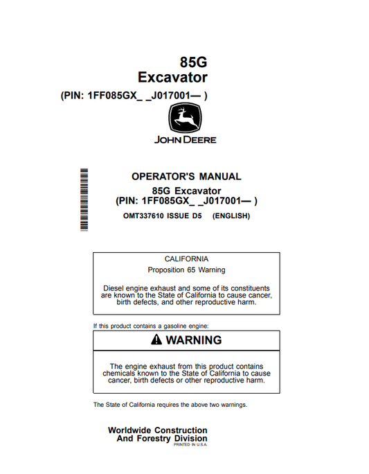 JOHN DEERE 85G EXCAVATOR OPERATOR MANUAL OMT337610
