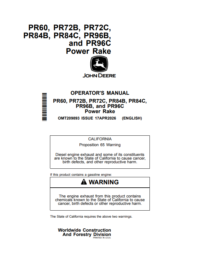 JOHN DEERE PR60, PR72B, PR72C, PR84B, PR84C, PR96B AND PR96C POWER RAKE OPERATOR MANUAL OMT209893