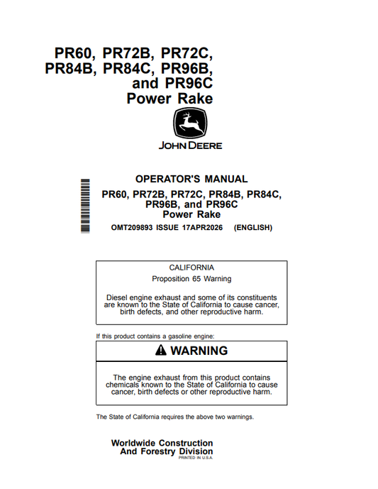JOHN DEERE PR60, PR72B, PR72C, PR84B, PR84C, PR96B AND PR96C POWER RAKE OPERATOR MANUAL OMT209893