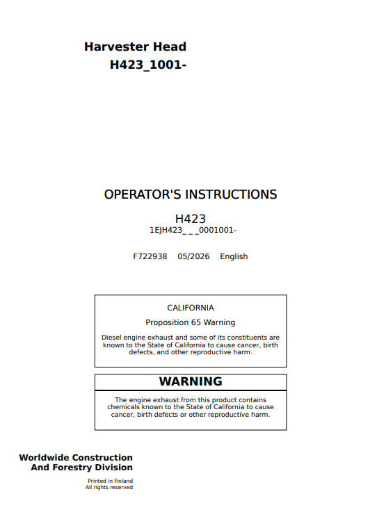 JOHN DEERE H423 HARVESTER HEAD OPERATOR INSTRUCTION MANUAL F722938