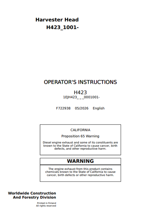 JOHN DEERE H423 HARVESTER HEAD OPERATOR INSTRUCTION MANUAL F722938