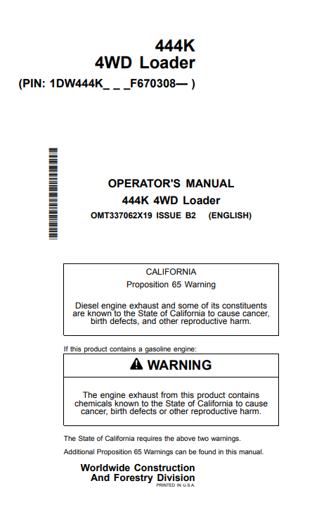 JOHN DEERE 444K 4WD LOADER OPERATOR MANUAL OMT337062X19