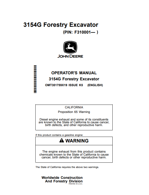 JOHN DEERE 3154G FORESTRY EXCAVATOR OPERATOR MANUAL OMT351759X19