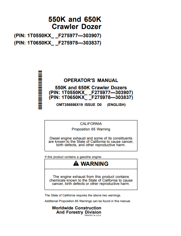 JOHN DEERE 550K AND 650K CRAWLER DOZER OPERATOR MANUAL OMT356886X19