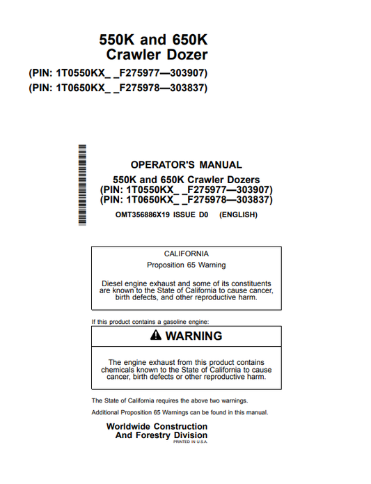 JOHN DEERE 550K AND 650K CRAWLER DOZER OPERATOR MANUAL OMT356886X19