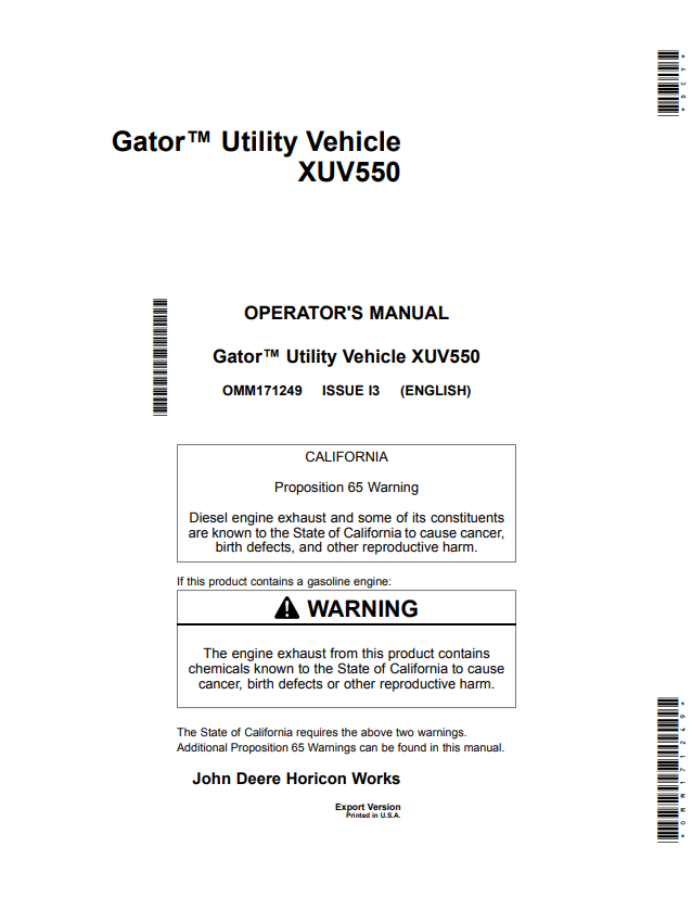 JOHN DEERE GATOR™ UTILITY VEHICLE XUV550 OPERATOR MANUAL OMM171249