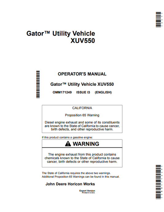 JOHN DEERE GATOR™ UTILITY VEHICLE XUV550 OPERATOR MANUAL OMM171249