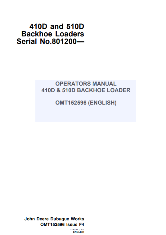 JOHN DEERE 410D & 510D BACKHOE LOADER OPERATOR MANUAL OMT152596