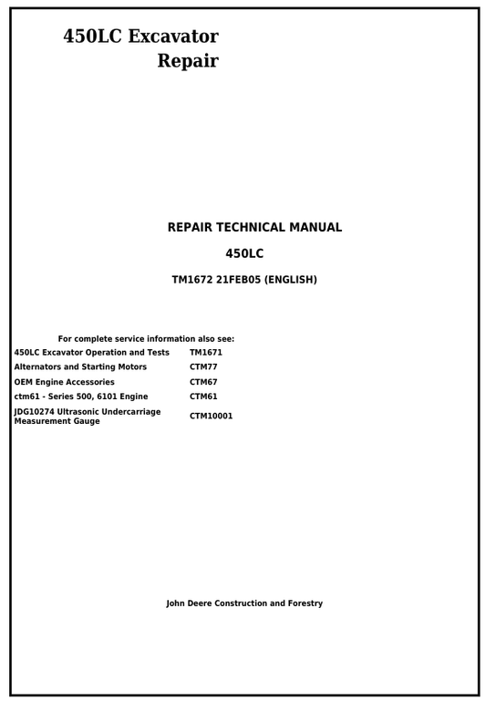 JOHN DEERE 450LC EXCAVATOR REPAIR TECHNICAL MANUAL TM1672