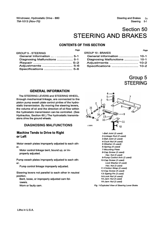 JOHN DEERE 880 HYDROSTATIC DRIVE WINDROWER TECHNICAL MANUAL TM1013