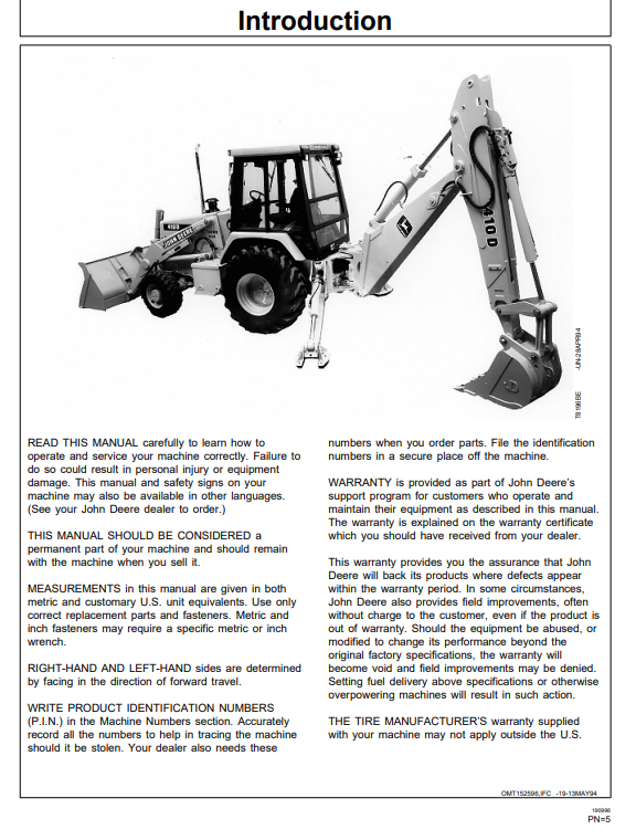 JOHN DEERE 410D & 510D BACKHOE LOADER OPERATOR MANUAL OMT152596