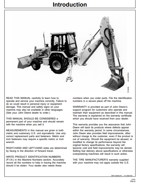 JOHN DEERE 410D & 510D BACKHOE LOADER OPERATOR MANUAL OMT152596