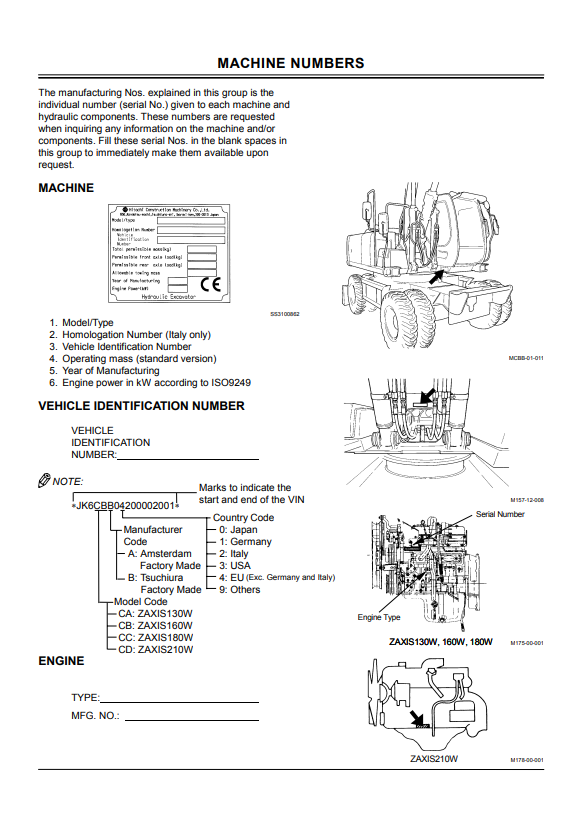 HITACHI ZAXIS 130W, 160W, 180W, 210W WHEEL EXCAVATOR OPERATOR MANUAL EMCBB21